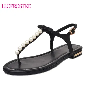 Lloprost ke/ 2018 godine, ženske sandale od prave kože, ženski ljeto japanke iz kravlja koža, monotono ženske cipele, crna, bijela boja, MY572